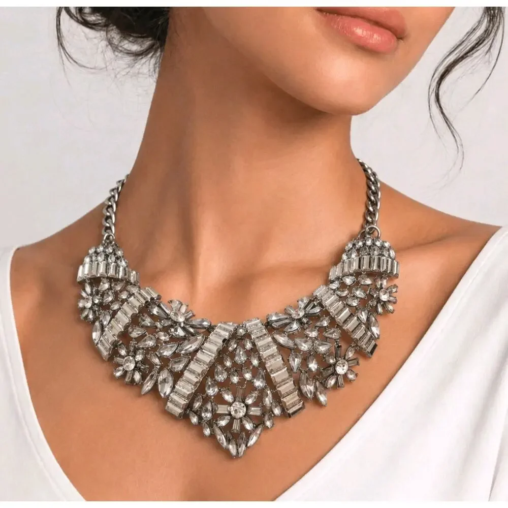 Rhinestone Statement Necklace Floral Large Heavy Bib Collar Silver Tone 3